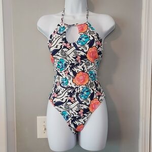 River Island Floral Halter One-Piece Swimsuit With Cut-out Detail And Scalpo Hem